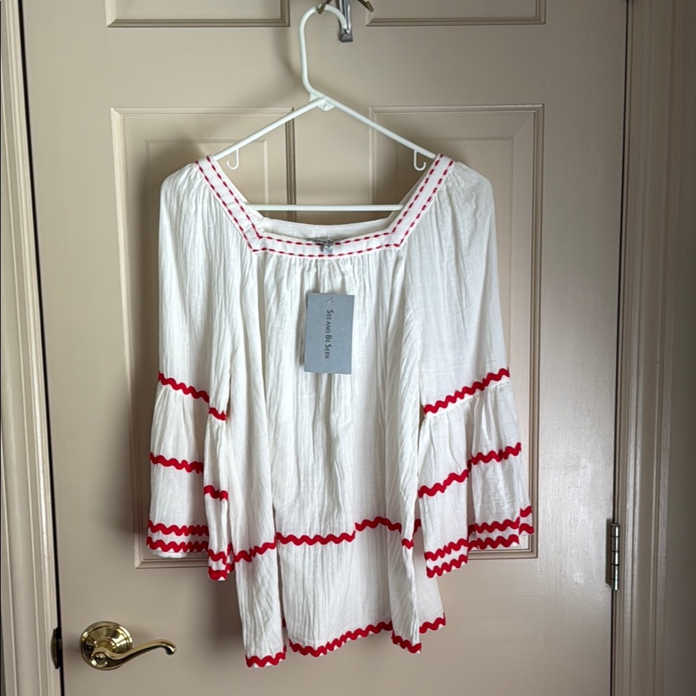 White and Red Ruffled Bell Sleeve Blouse